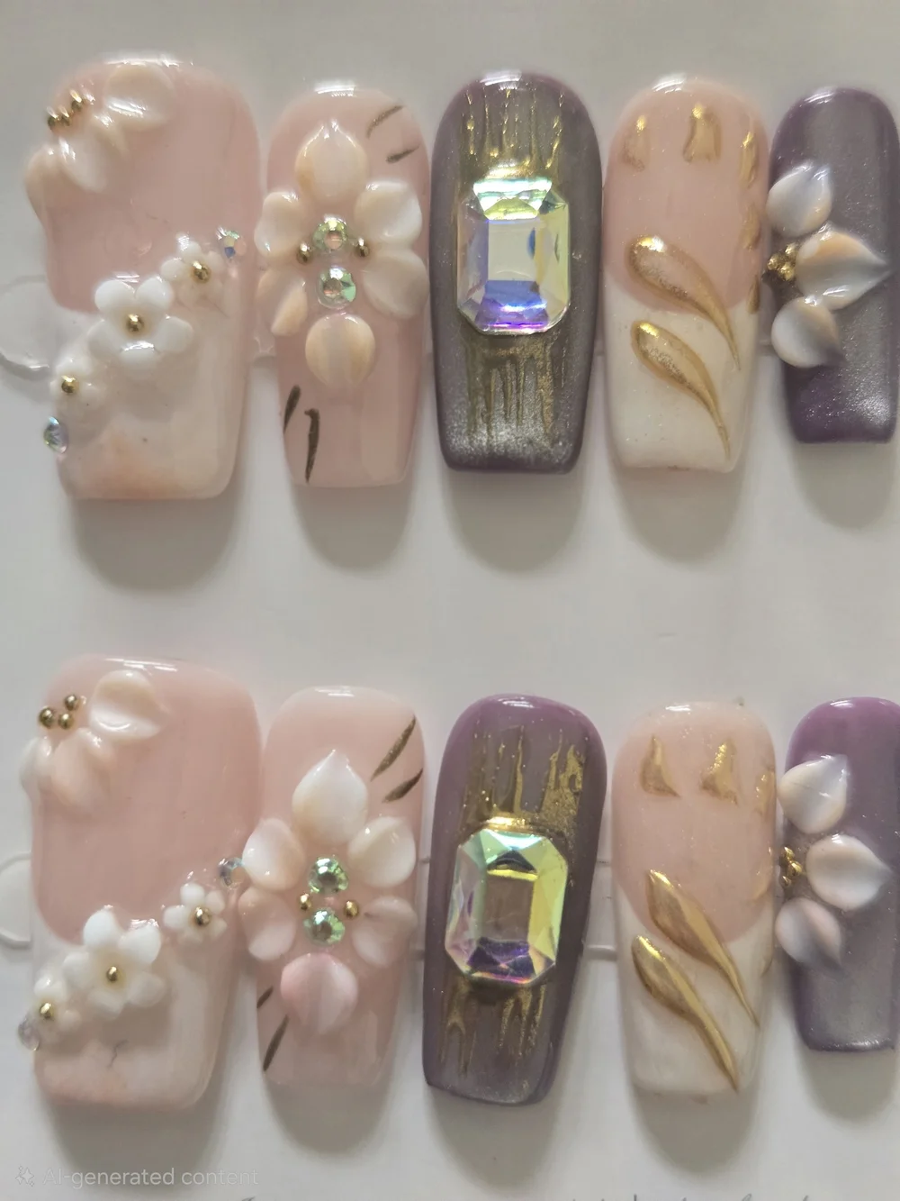 3D Floral Press-On Nail Set in Pink & Purple with Gold Accents
